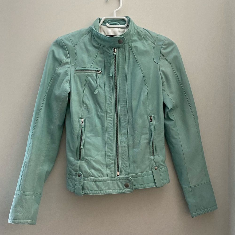 Danier Moto Inspired Leather Jacket Turquoise Aqua Mint Size 3XS